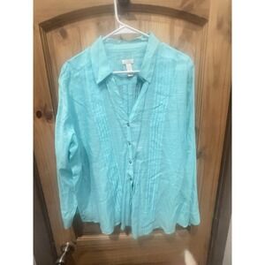 Chico's Bright Blue Sheer Rapture Carter Button Down Breezy Coastal Shirt Size 3